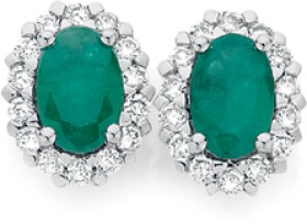 9ct-Gold-Emerald-25ct-Diamond-Oval-Frame-Stud-Earrings on sale