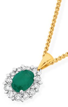 9ct+Gold+Emerald+%26amp%3B+.34ct+Diamond+Oval+Frame+Pendant