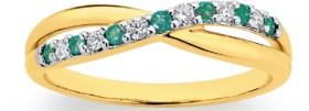 9ct+Gold+Natural+Emerald+%26amp%3B+.10ct+Diamond+Crossover+Ring