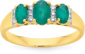 9ct+Gold+Emerald+%26amp%3B+.10ct+Diamond+Trilogy+Ring