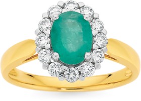 9ct+Gold+Emerald+%26amp%3B+0.50ct+Diamond+Oval+Cluster+Ring