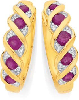 9ct+Gold+Natural+Ruby+%26amp%3B+Diamond+Huggie+Earrings