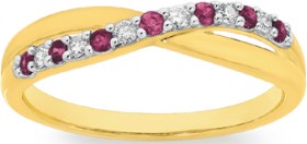 9ct+Gold+Natural+Ruby+%26amp%3B+.10ct+Diamond+Crossover+Ring