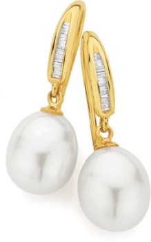 9ct+Gold+Cultured+Fresh+Water+Pearl+%26amp%3B+Diamond+Hook+Earrings