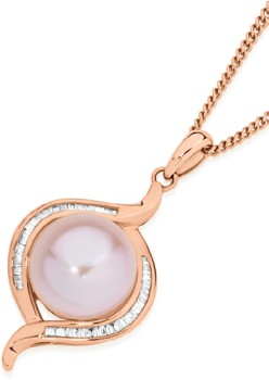 9ct+Rose+Gold+Natural+Cultured+Freshwater+Pearl+%26amp%3B+.18ct+Diamond+Swirl+Pendant