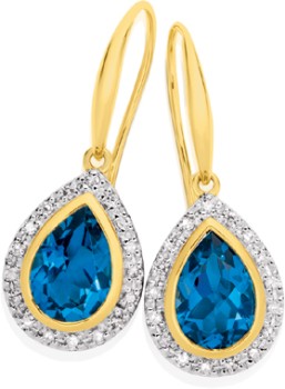 9ct+Gold+Blue+Topaz+%26amp%3B+.20ct+Diamond+Earrings