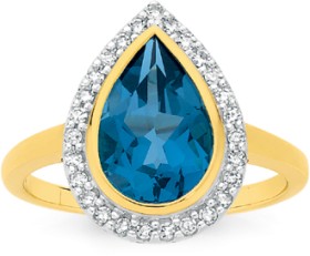 9ct+Gold+Blue+Topaz+%26amp%3B+.20ct+Diamond+Dress+Ring