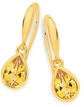 9ct+Gold+Citrine+Hook+Earrings