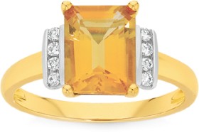 9ct-Gold-Citrine-10ct-Diamond-Emerald-Cut-Shoulder-Set-Ring on sale