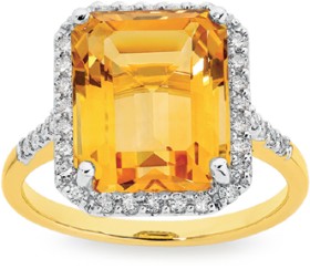 9ct+Gold+Citrine+%26amp%3B+.35ct+Diamond+Ring