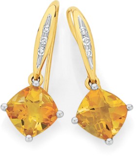 9ct+Gold+Citrine+and+Diamond+Cushion+Shape+Hook+Earrings