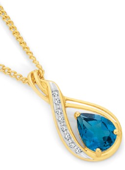 9ct+Gold+London+Blue+Topaz+%26amp%3B+Diamond+Swirl+Slider+Pendant