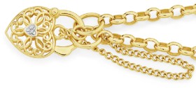 9ct+Gold+19cm+Solid+Belcher+Diamond+Padlock+Bracelet