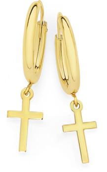 9ct+Gold+1.5x10mm+Cross+Drop+Hoop+Earrings