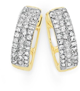 9ct+Gold+Diamond+Three+Row+Huggie+Earrings