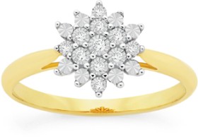 9ct+Gold+Diamond+Starburst+Cluster+Ring