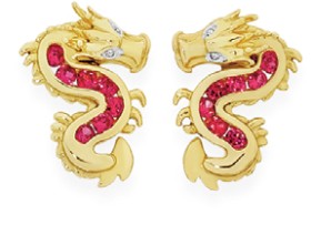 9ct+Gold+Created+Ruby+with+Diamond+Accents+Dragon+Stud+Earrings