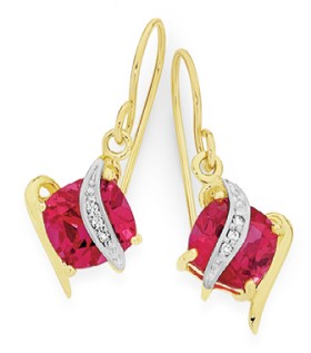 9ct-Gold-Created-Ruby-Diamond-Cushion-Crossover-Drop-Earrings on sale