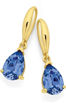 9ct+Gold+Created+Sapphire+Hook+Earrings