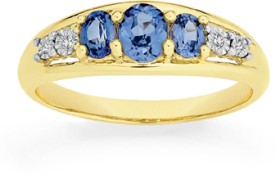 9ct+Gold+Created+Sapphire+%26amp%3B+Diamond+Oval+Cut+Trilogy+Ring