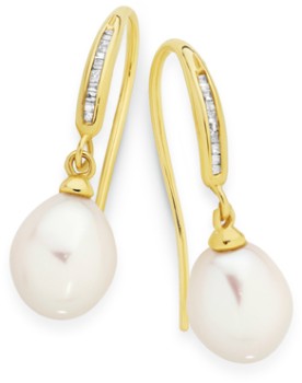 9ct+Gold+Cultured+Freshwater+Pearl+%26amp%3B+Diamond+Earrings