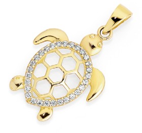 9ct+Gold+Cubic+Zirconia+Turtle+Pendant