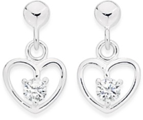 Sterling+Silver+Childs+White+Cubic+Zirconia+Heart+Drop+Earrings