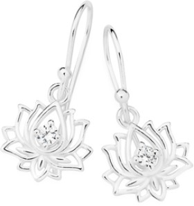 Sterling+Silver+Cubic+Zirconia+Lotus+Cutout+Drop+Earrings