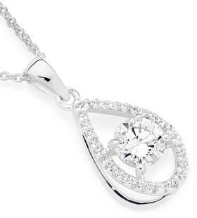 Sterling+Silver+Round+Cubic+Zirconia+%26amp%3B+Pear+Halo+Drop+Necklet