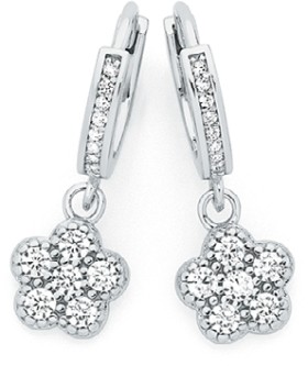 Sterling+Silver+Cubic+Zirconia+Pave+Flower+on+Cubic+Zirconia+Hoop+Earrings