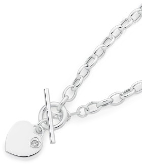 Sterling+Silver+45cm+Cubic+Zirconia+Heart+Fob+Necklet