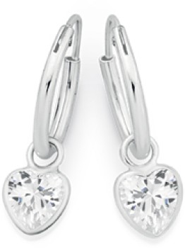 Silver+5mm+Heart+Cubic+Zirconia+Drop+Hoops