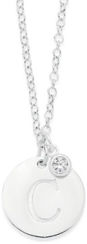 Sterling+Silver+Initial+C+Disc+With+Cubic+Zirconia+Charm+Necklace