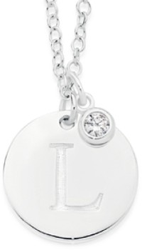 Sterling+Silver+Initial+L+Disc+With+Cubic+Zirconia+Charm+Necklace