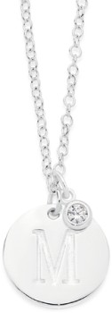 Sterling+Silver+Initial+M+Disc+With+Cubic+Zirconia+Charm+Necklace