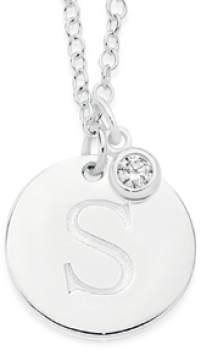 Sterling+Silver+Initial+S+Disc+With+Cubic+Zirconia+Charm+Necklace