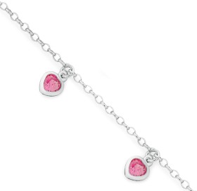 Sterling+Silver+17cm+Pink+Crystal+Heart+Charm+Bracelet