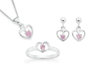 Sterling+Silver+Childs+Pink+Cubic+Zirconia+Heart+Pendant%2C+Earrings+%26amp%3B+Ring+Set