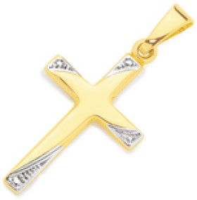 9ct+Gold+Two+Tone+18mm+Diamond-Cut+Cross+Pendant