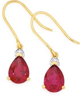 9ct+Gold+Created+Ruby+%26amp%3B+Diamond+Pear+Earrings