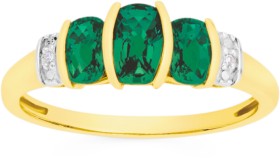 9ct-Gold-Created-Emerald-Diamond-Cushion-Trilogy-Ring on sale