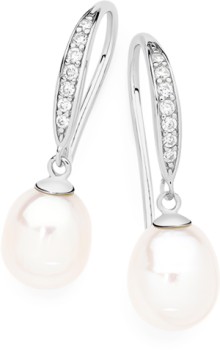 Sterling+Silver+7.5mm+Cultured+Freshwater+Pearl+Pave+Cubic+Zirconia+Hook+Earrings