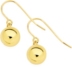 9ct+Gold+8mm+Polished+Ball+Hook+Drop+Earrings