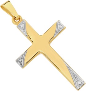 9ct+Gold+Two+Tone+24mm+Diamond-Cut+Cross+Pendant