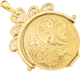 9ct-Gold-25mm-Filigree-Engraved-Flat-Round-Spinner-Locket on sale