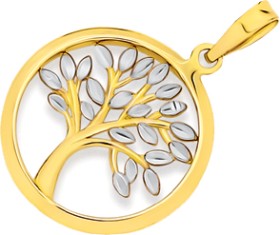 9ct+Gold+Two+Tone+Diamond+Cut+Tree+of+Life+Circle+Pendant