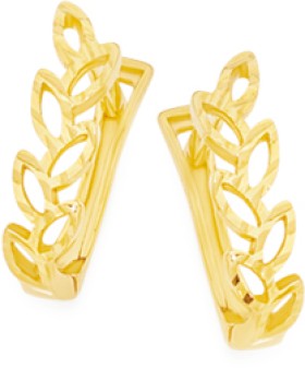 9ct+Gold+Leaf+Cutout+Diamond-Cut+Huggie+Earrings