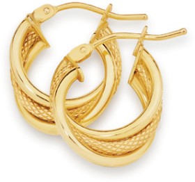 9ct-Gold-10mm-Plain-Patterned-Triple-Hoop-Earrings on sale