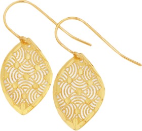 9ct+Gold+Diamond-Cut+Filigree+Leaf+Hook+Drop+Earrings