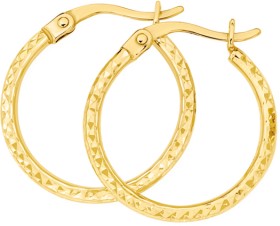 9ct+Gold+2x15mm+Diamond-Cut+Hoop+Earrings